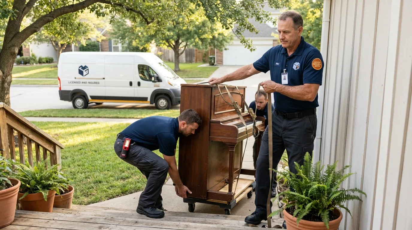 Licensed piano movers securing grand piano in Elizabeth, WV