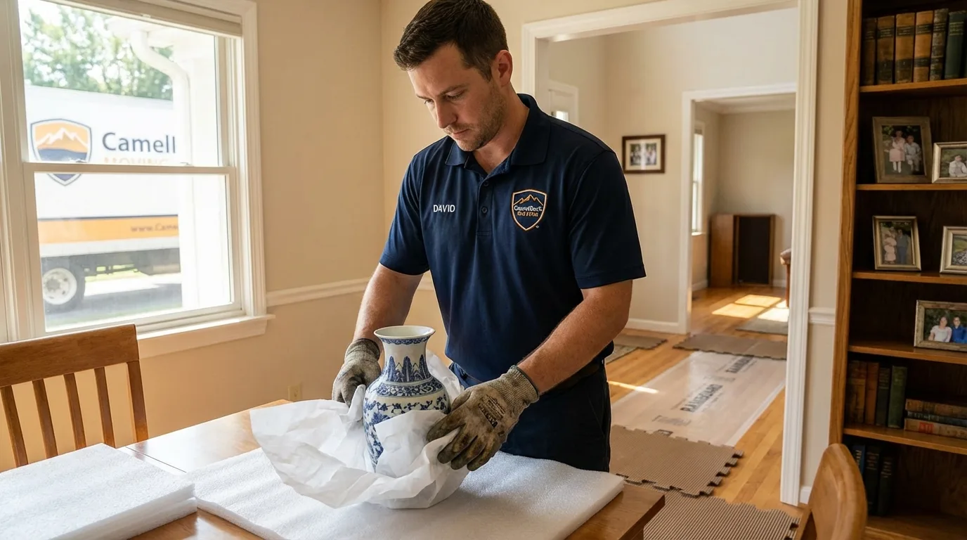 Professional crew carefully wrapping antique vase for senior downsizing move in Elizabeth, WV