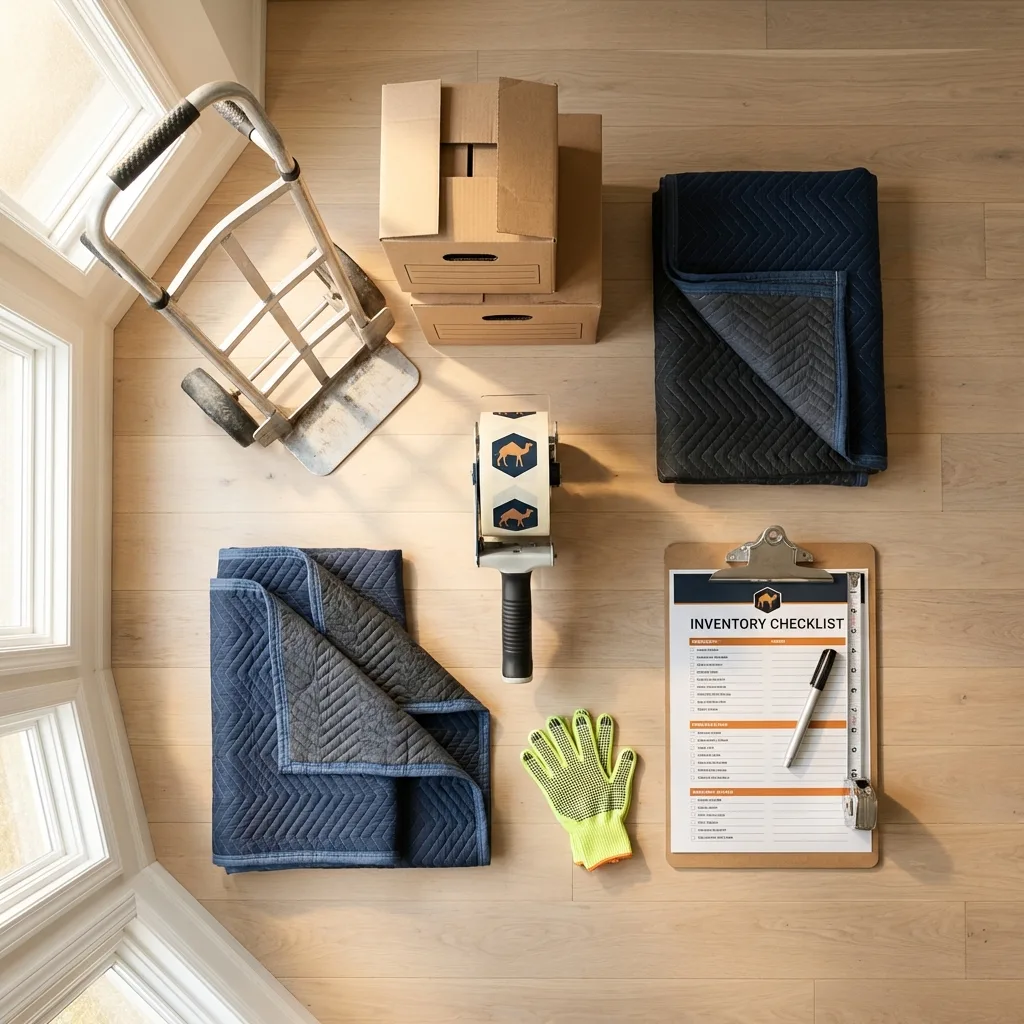 Professional moving supplies and packing materials layout for Elizabeth residential relocations
